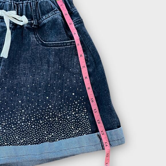 Girls Rhinestone Denim Shorts Sz XL Elastic Waist Drawstring Cuffed Sparkle Jean - Picture 6 of 7